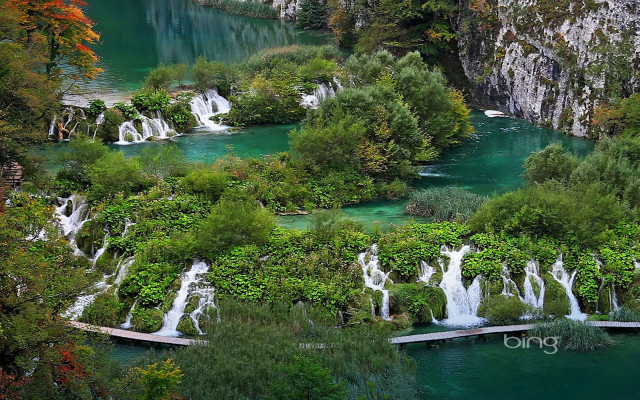 Waterfall lake bridge woods ecological free wallpaper - medium preview image
