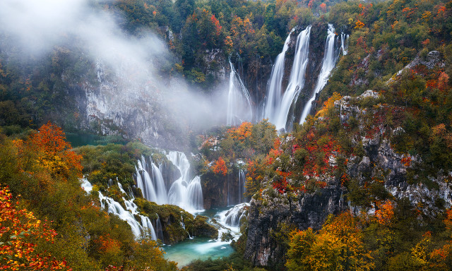 Waterfall trees fog river forest free wallpaper - medium preview image
