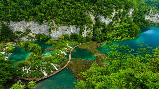 River wooden walkway forest waterfalls free wallpaper - medium preview image