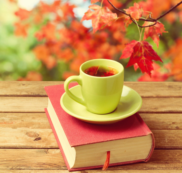 Cup tea book wooden table free wallpaper - medium preview image