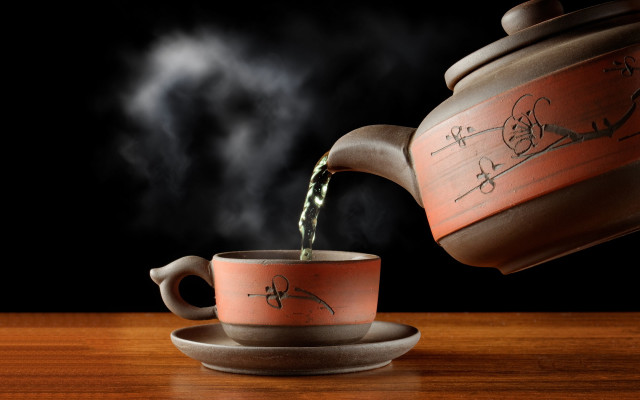 Teapot pouring water cup table free wallpaper - medium preview image