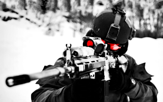 Man black jacket gun snow free wallpaper - medium preview image