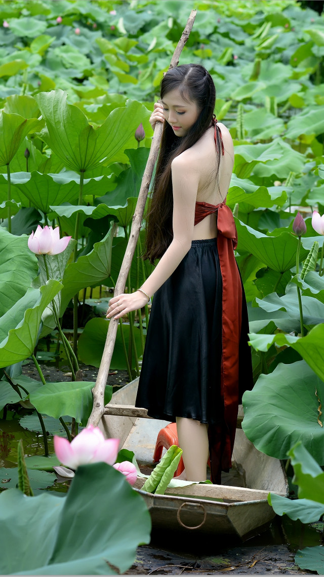 Woman boat field flowers stick free wallpaper - medium preview image