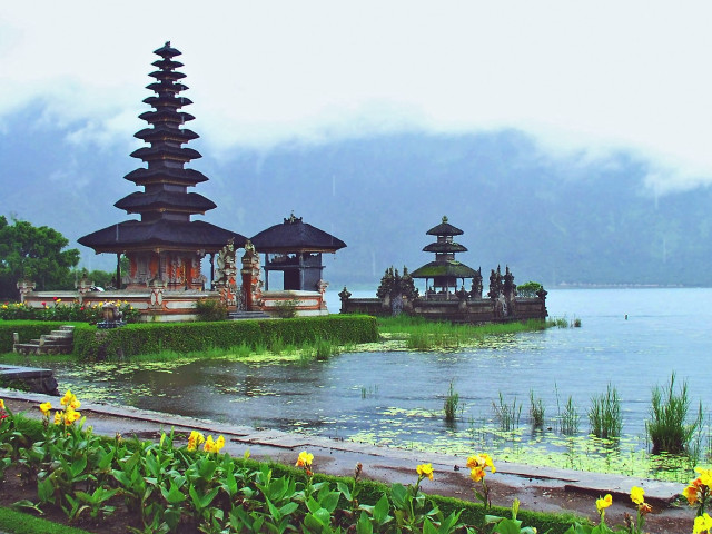 Lake flowers pagoda mountains scenery free wallpaper - medium preview image