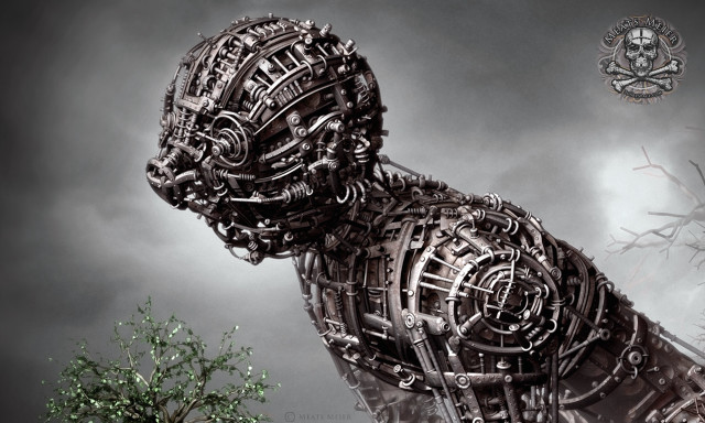 Large metal robot tree cloudy free wallpaper - medium preview image