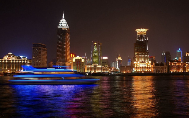 Boat river night city background free wallpaper - medium preview image