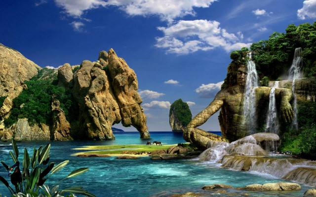 Waterfall lake rock formation people free wallpaper - medium preview image