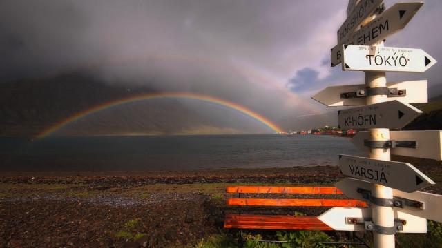 Rainbow lake bench wooden distance free wallpaper - medium preview image