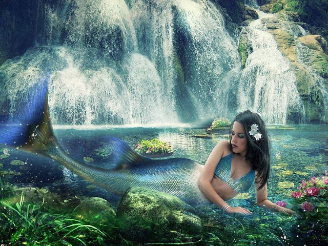 Mermaid rock waterfall fish background free wallpaper - medium preview image