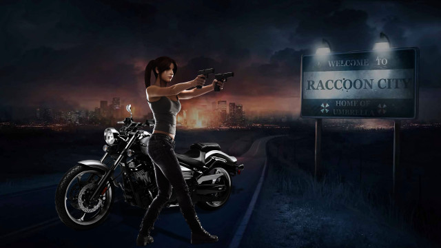 Woman gun motorcycle road stand free wallpaper - medium preview image