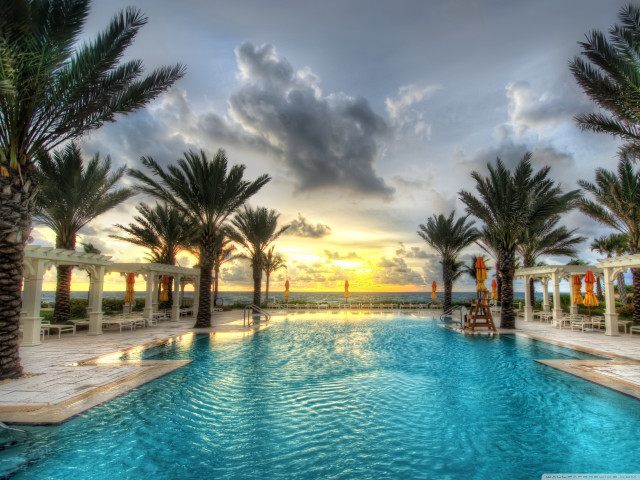 Sunset pool palm trees clouds free wallpaper - medium preview image