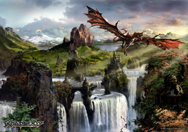 Dragon waterfall forest mountain flying free wallpaper - medium preview image