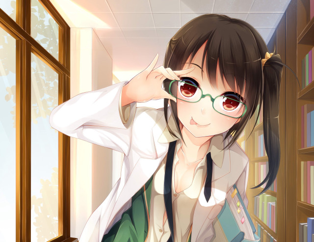 Girl glasses white shirt library free wallpaper - medium preview image