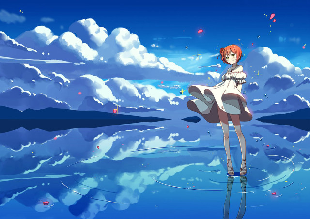 Girl standing water clouds sky free wallpaper - medium preview image