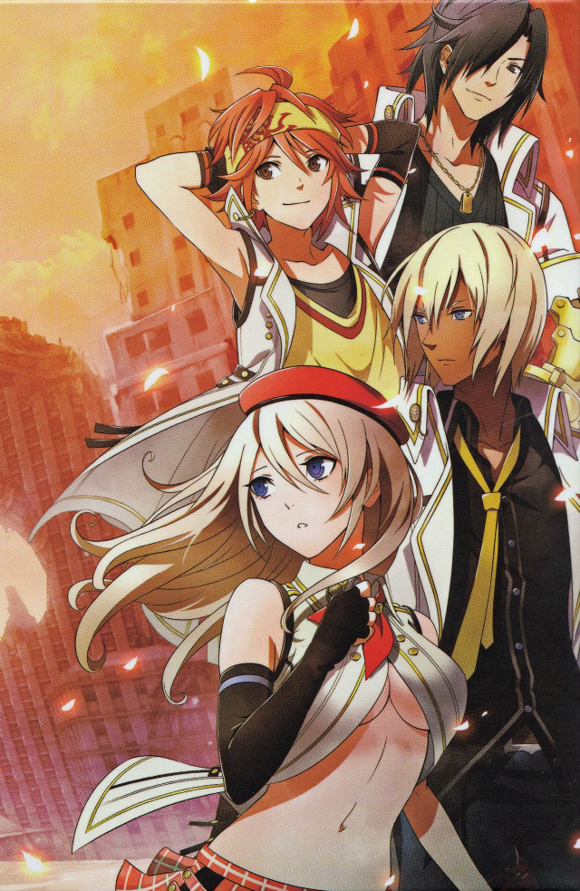 Anime characters cityscape yellow sky free wallpaper - medium preview image