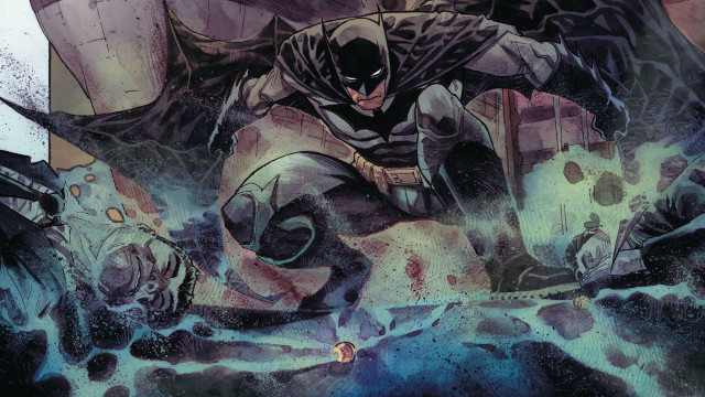 Batman flying over characters dark free wallpaper - medium preview image