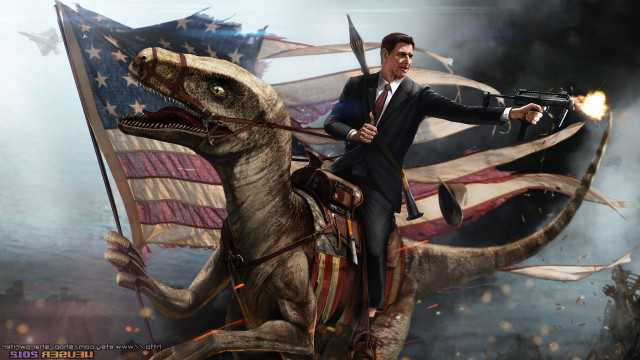 Man suit riding dinosaur gun free wallpaper - medium preview image