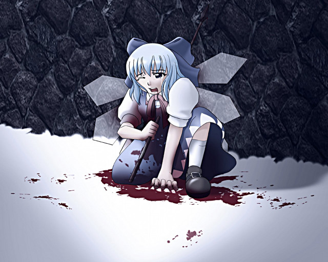 Girl kneeling knife blood ground free wallpaper - medium preview image