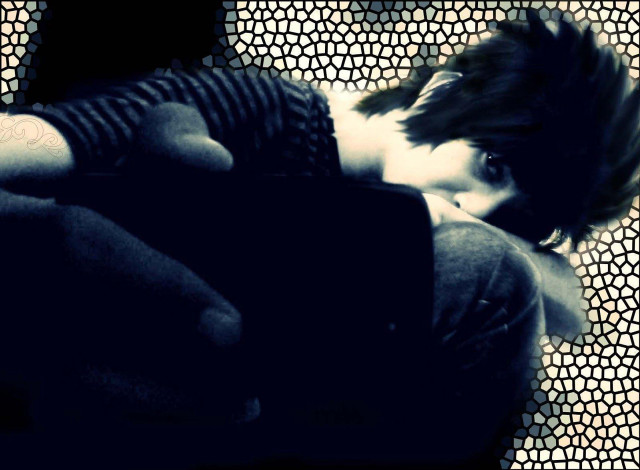 Person laying bed cellphone mosaic free wallpaper - medium preview image
