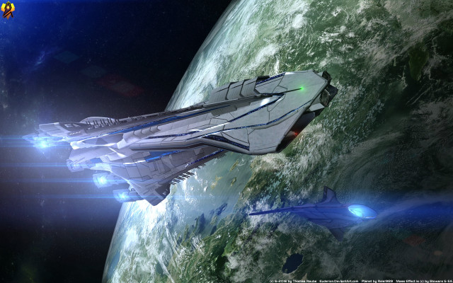 Spaceship flying green planet blue free wallpaper - medium preview image