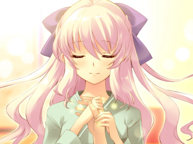 Girl pinkhair blueshirt cellphone smile free wallpaper - medium preview image
