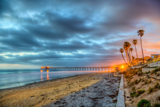 Beach pier palm trees sunset free wallpaper - medium preview image