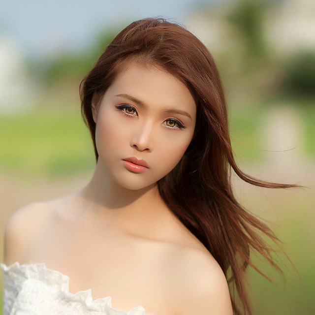 Woman longhair whiteDress greenField photorealistic free wallpaper - medium preview image