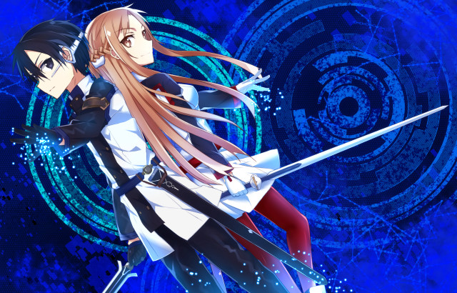 Anime characters swords blue background free wallpaper - medium preview image