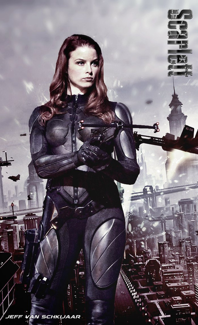 Futuristic woman suit gun cityscape free wallpaper - medium preview image