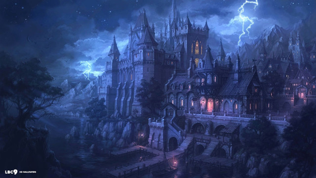 Castle lightning sky tree foreground free wallpaper - medium preview image