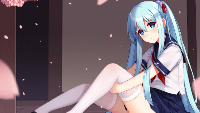 Blue hair anime girl sitting free wallpaper - medium preview image