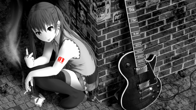 Girl sitting guitar brick wall free wallpaper - medium preview image