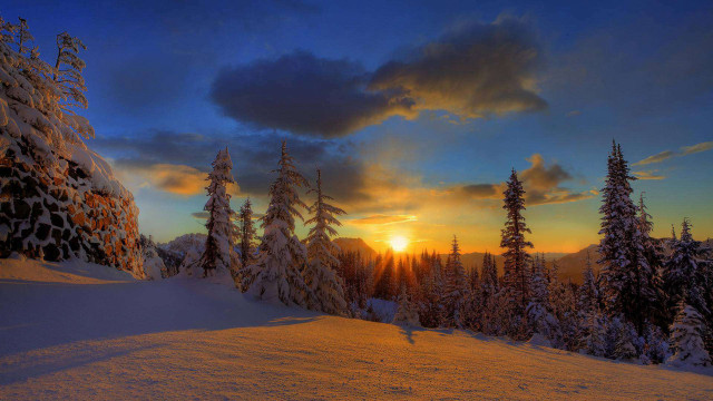Sunset mountains snow trees dusk free wallpaper - medium preview image