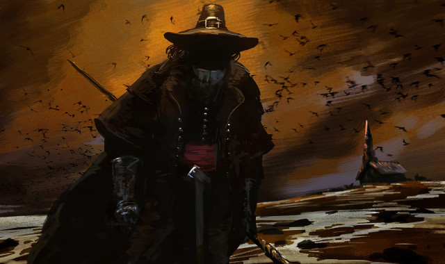 Man black outfit hat sword free wallpaper - medium preview image