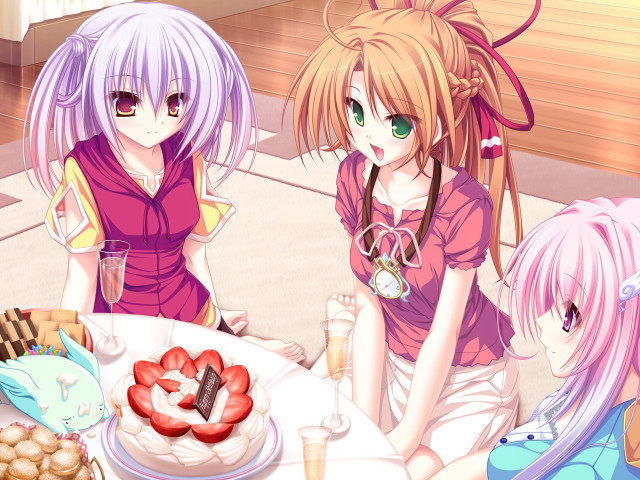 Anime girls sitting table cake free wallpaper - medium preview image