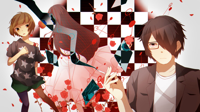 Anime characters checkered background hearts free wallpaper - medium preview image