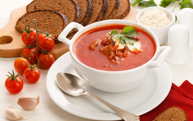 Soup bowl bread tomatoes table free wallpaper - medium preview image