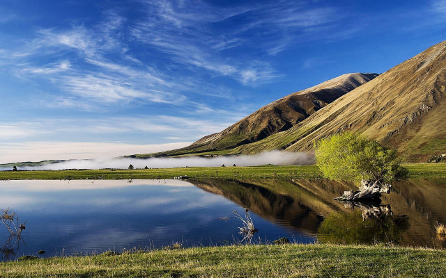 Lake mountains green field tree free wallpaper - medium preview image