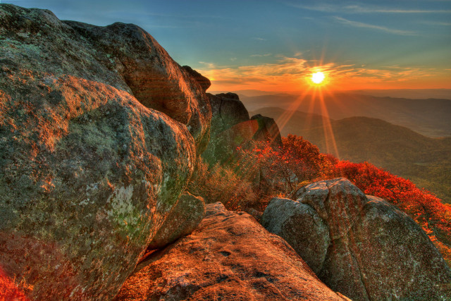 Sunset mountain rocks red leaves free wallpaper - medium preview image