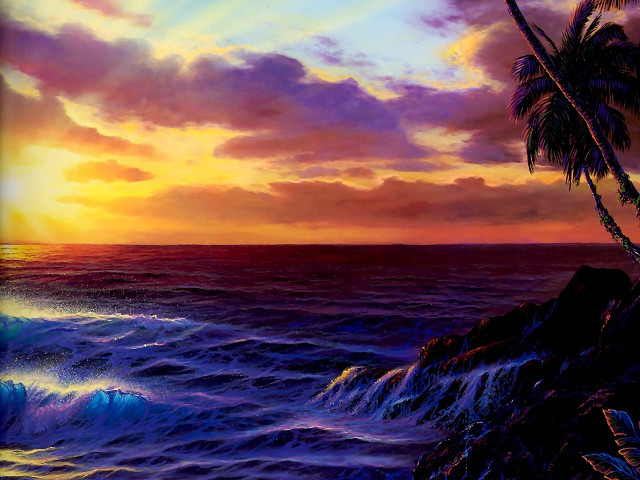 Sunset ocean palm tree wave free wallpaper - medium preview image