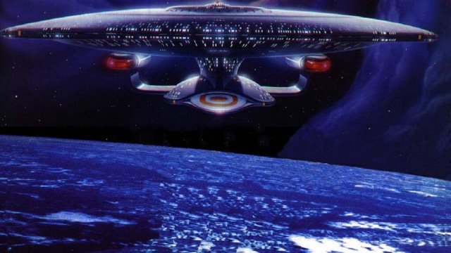Large spaceship floating blue planet free wallpaper - medium preview image