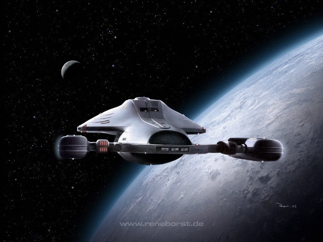 Spaceship flying blue planet crescent free wallpaper - medium preview image