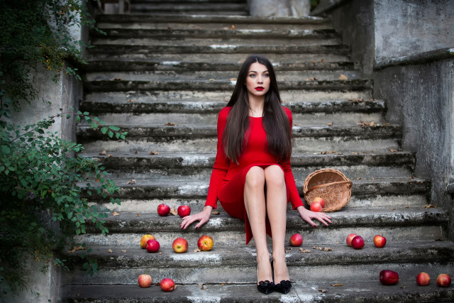 Woman red dress stairs apples free wallpaper - medium preview image