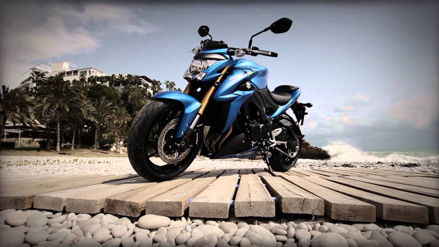 Blue motorcycle ocean palm trees free wallpaper - medium preview image