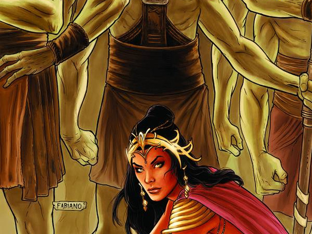 Woman red cape man yellow free wallpaper - medium preview image