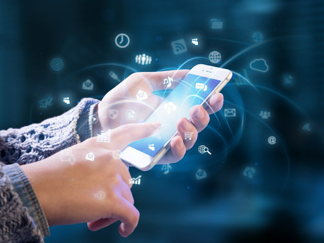 Person smartphone icons touching hands free wallpaper - medium preview image