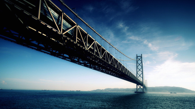Bridge water boat mountain distance free wallpaper - medium preview image