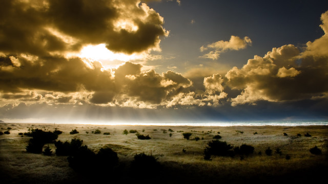 Grass field clouds sky sunbeam free wallpaper - medium preview image