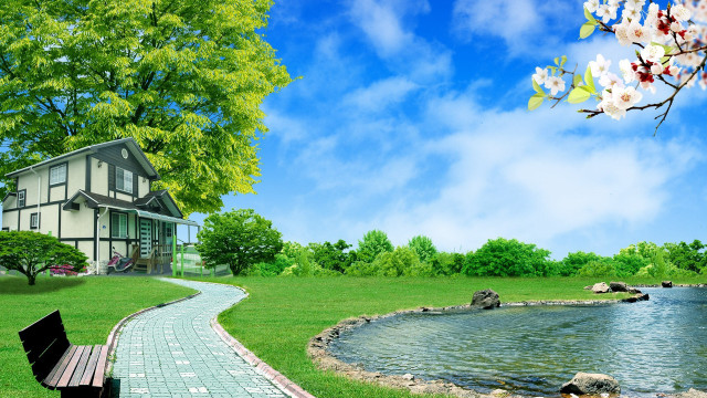 Bench grass lake house nature free wallpaper - medium preview image