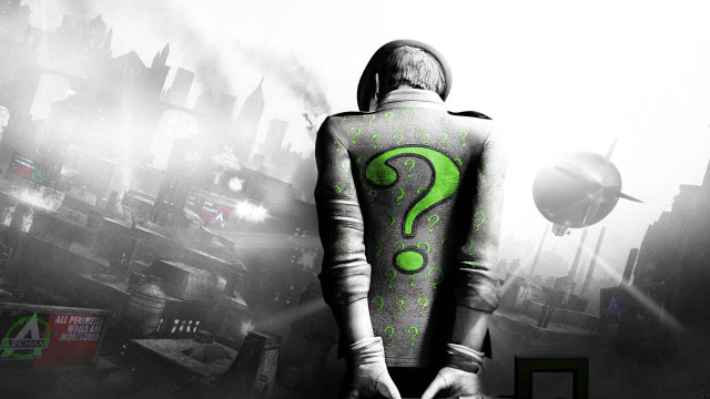 Man green question mark cityscape free wallpaper - medium preview image